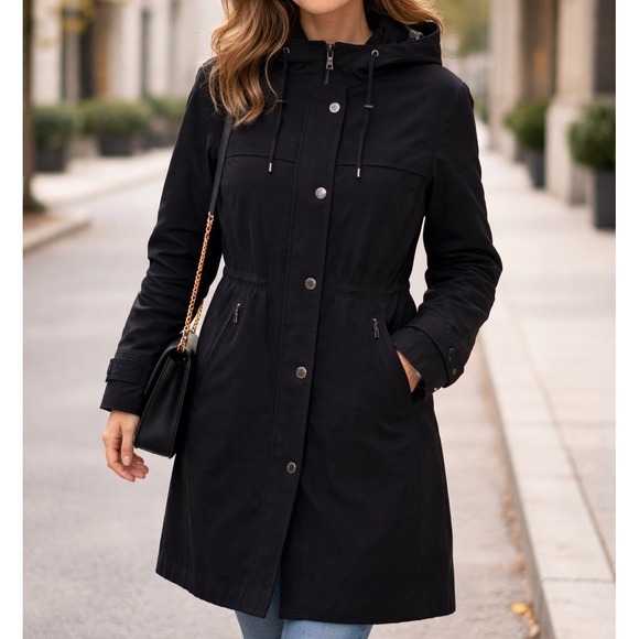 London Fog Jackets & Blazers - London‎ Fog Women's Black Raincoat Hooded Trench Jacket Zip Snap Front M NWOT